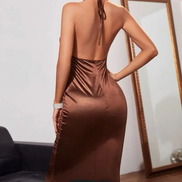 Dresses | Backless Draped Ruched Side Satin Halter Bodycon Dress | Poshmark